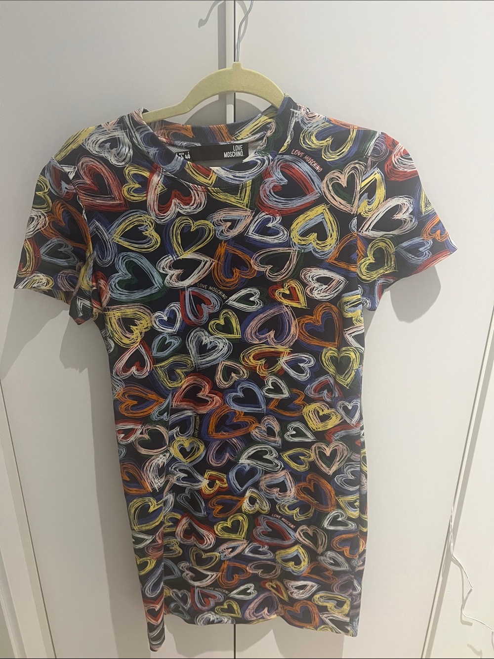 Love Moschino Black Tee with Multicolor Heart Print